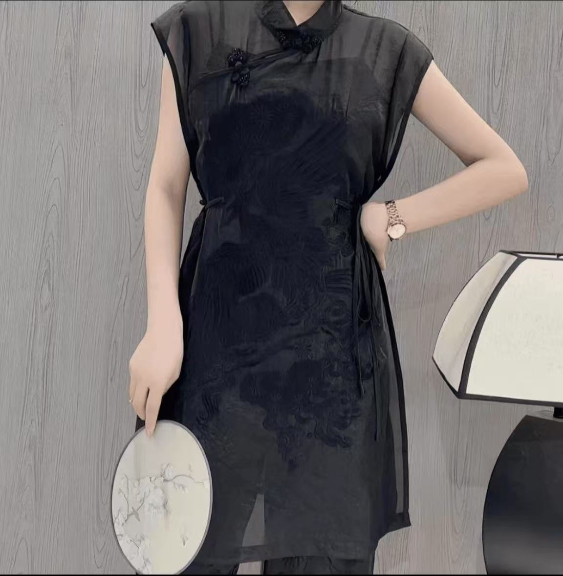 （深圳南油）新中式春季国风刺绣比翼双飞宽松夏季套装1385黑