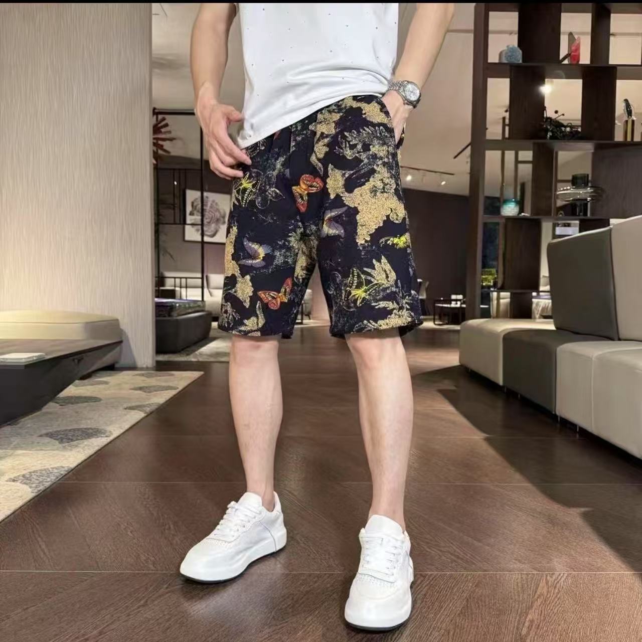 男士薄款棉布翻领短袖衬衫短裤时尚套装民族风蝴蝶潮牌束脚裤俩件