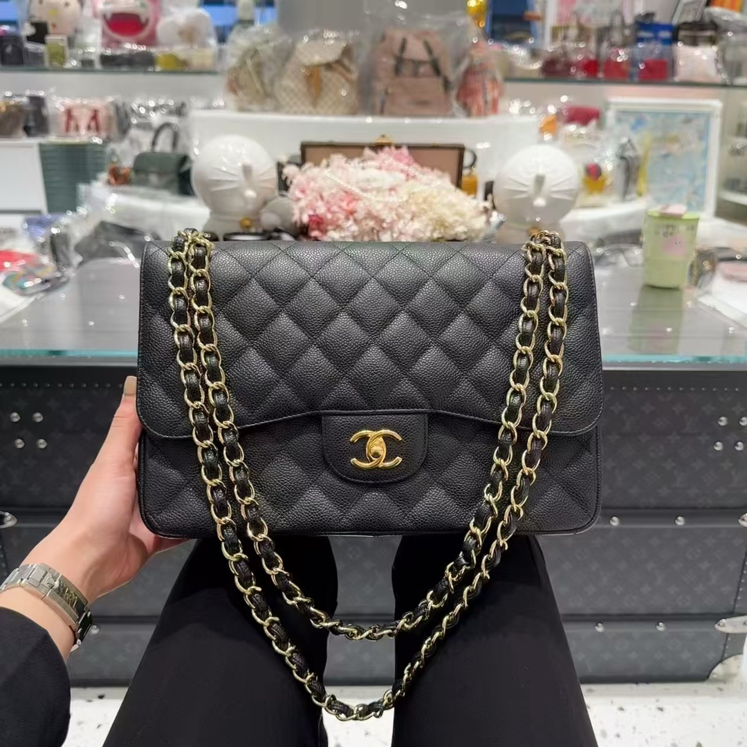 99新 Chanel/香奈儿  Jumbo 黑金荔枝牛皮 双盖 18开