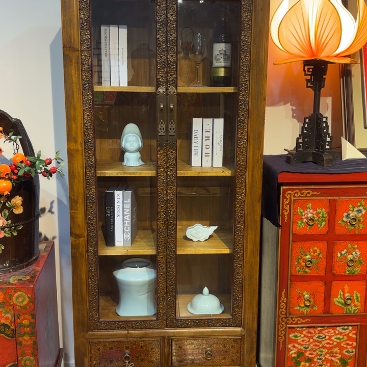 如***果白蜡木松木材质玻璃书柜