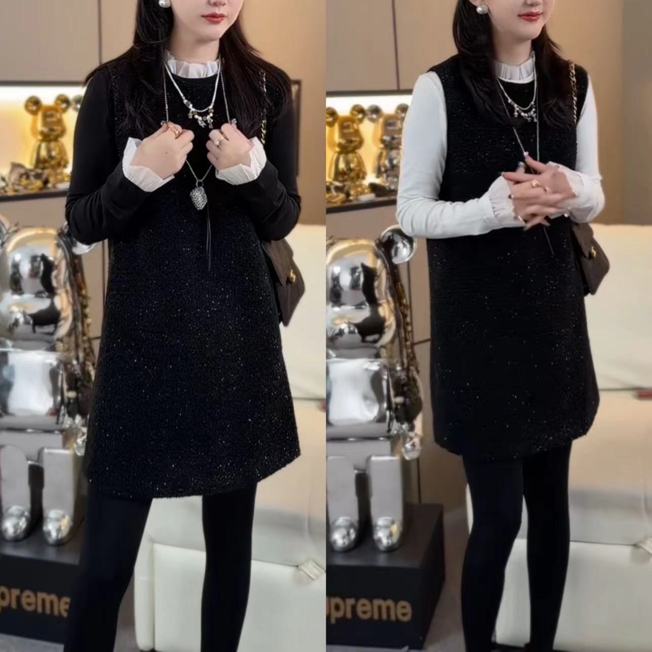 砍袖中长裙T恤两件套常规套头款无袖轻职风拼接套装1528