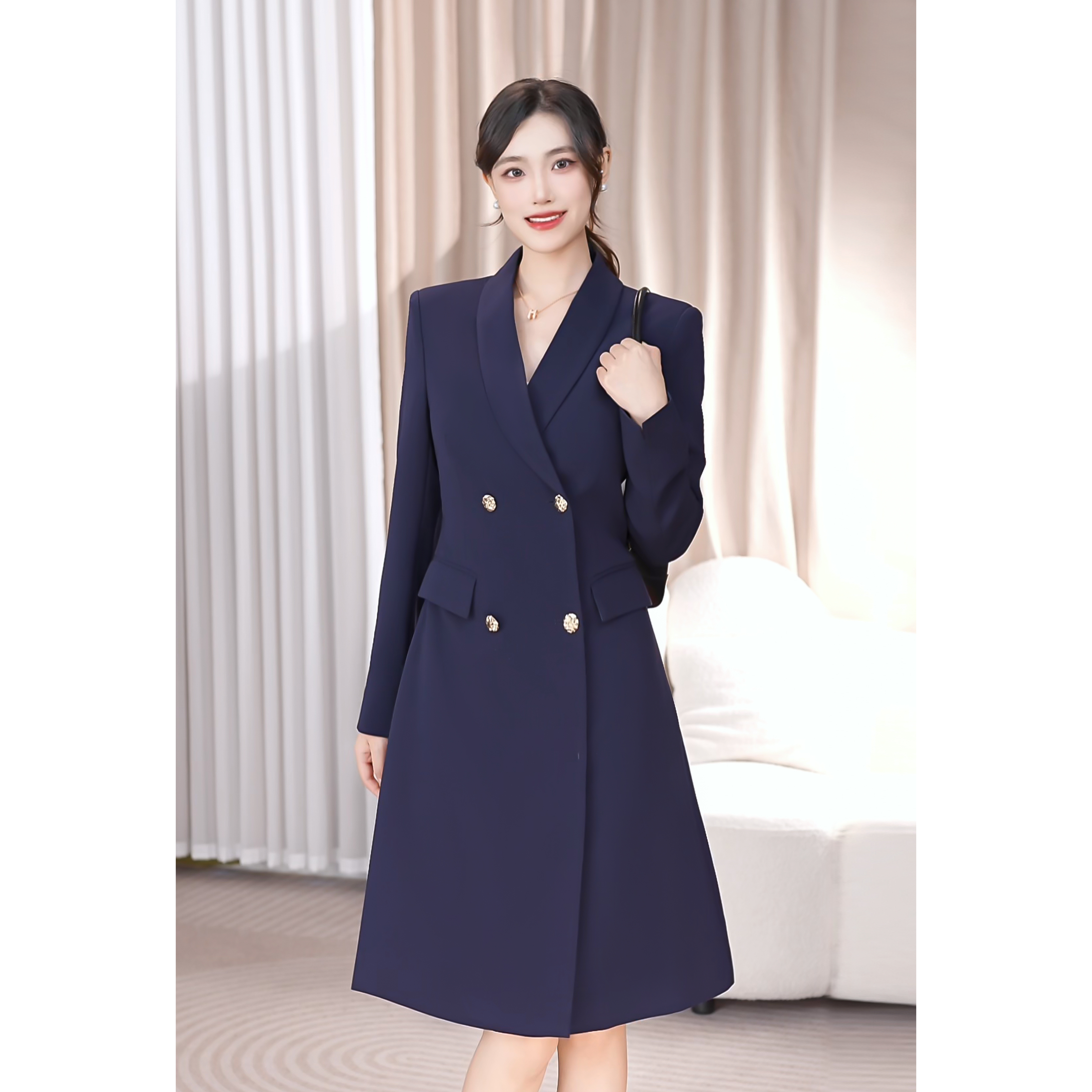 藏青色职业女神连衣裙气质主持人演讲会议时尚高端艺考西装领美业