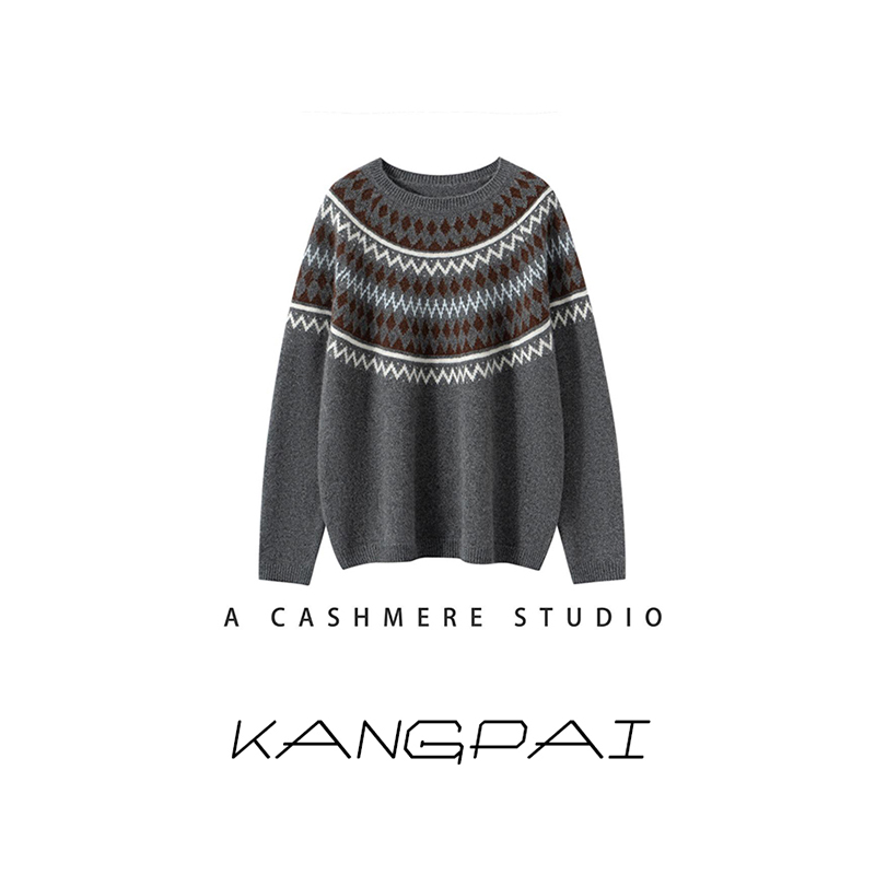 【费尔岛】100%纯羊毛衫新款复古提花七针双股厚款圆领针织毛衣打底