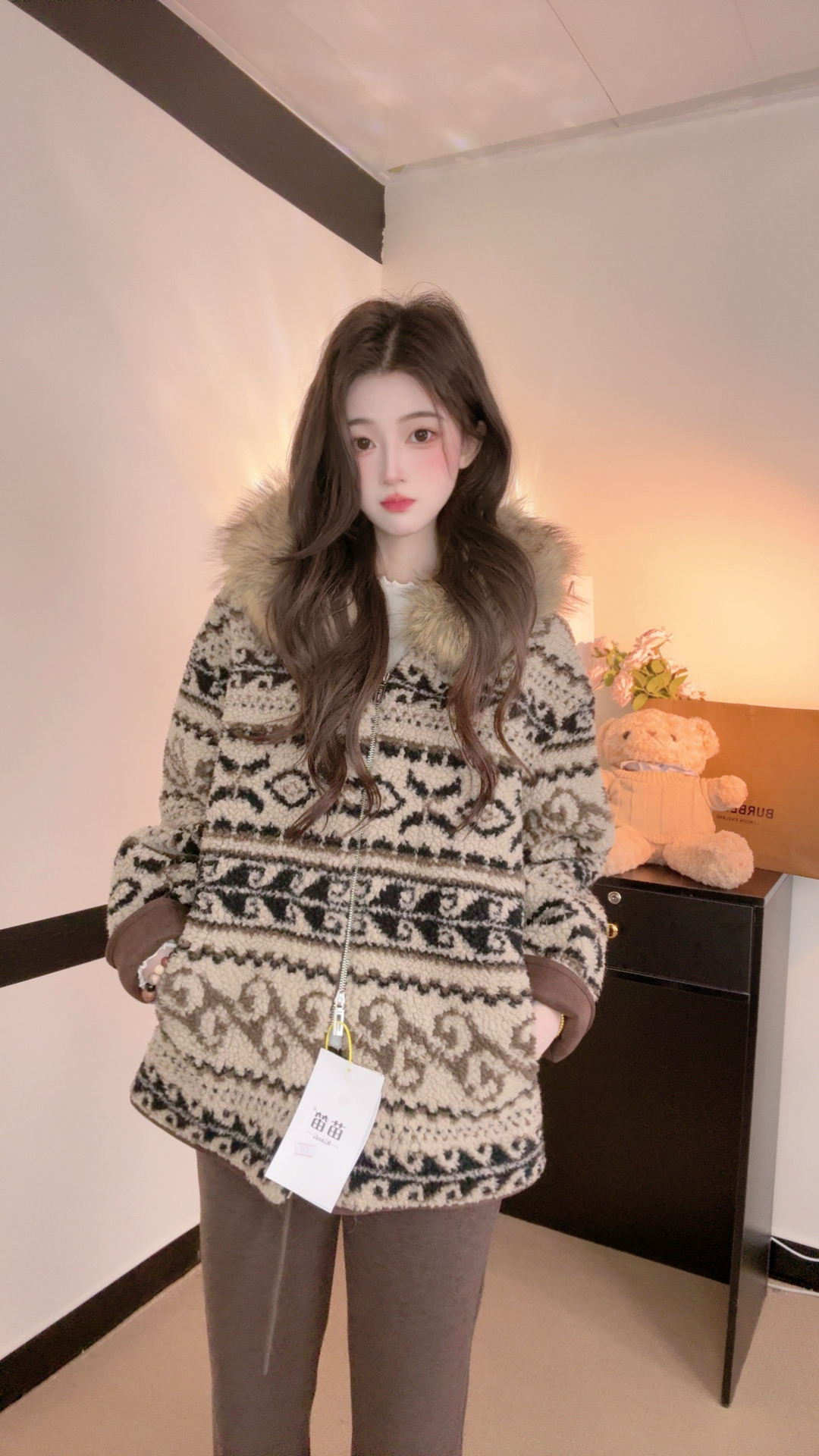 25秋冬装时尚显瘦毛领连帽拉链长袖羊羔毛外套女棉服女