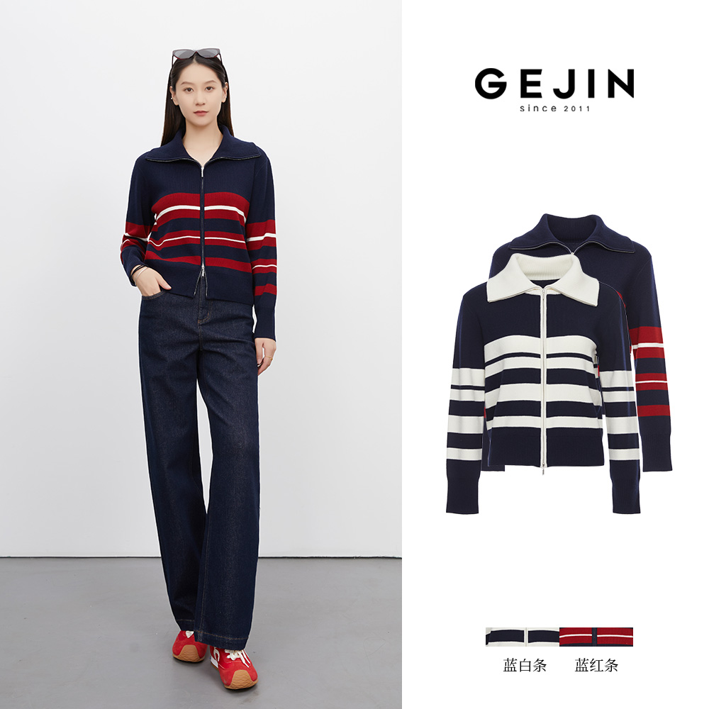 GEJIN/歌锦秋季新款翻领撞色条纹休闲时尚复古针织上衣9422562453