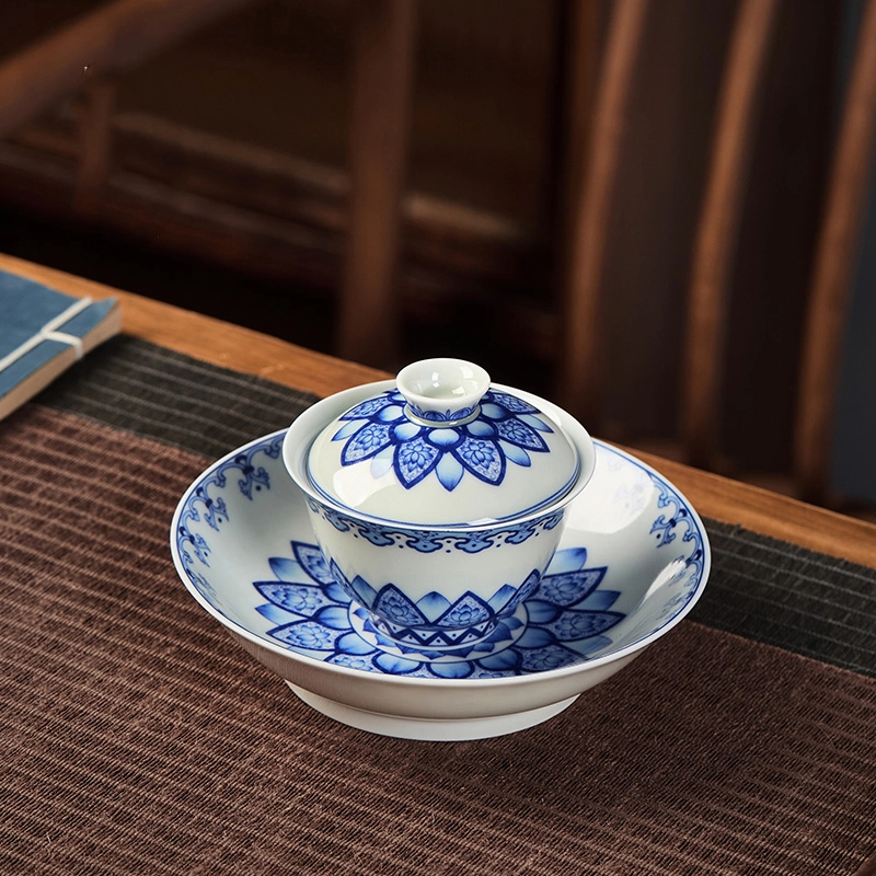 52七承堂青花瓷并蒂莲盖碗单个中式家用八宝功夫泡茶碗茶具套装