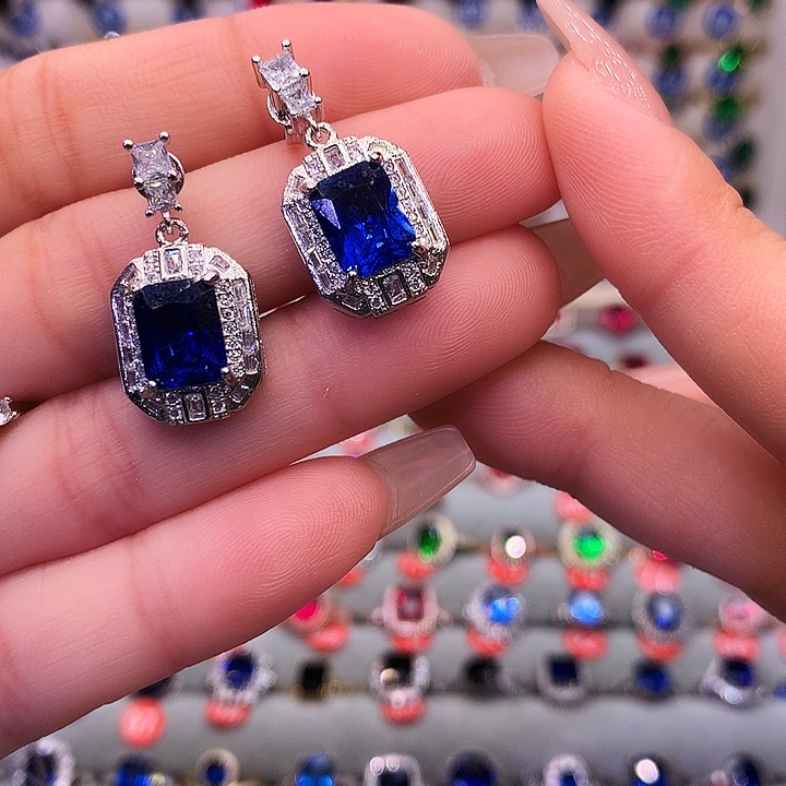 蓝宝石耳饰银S925镶嵌