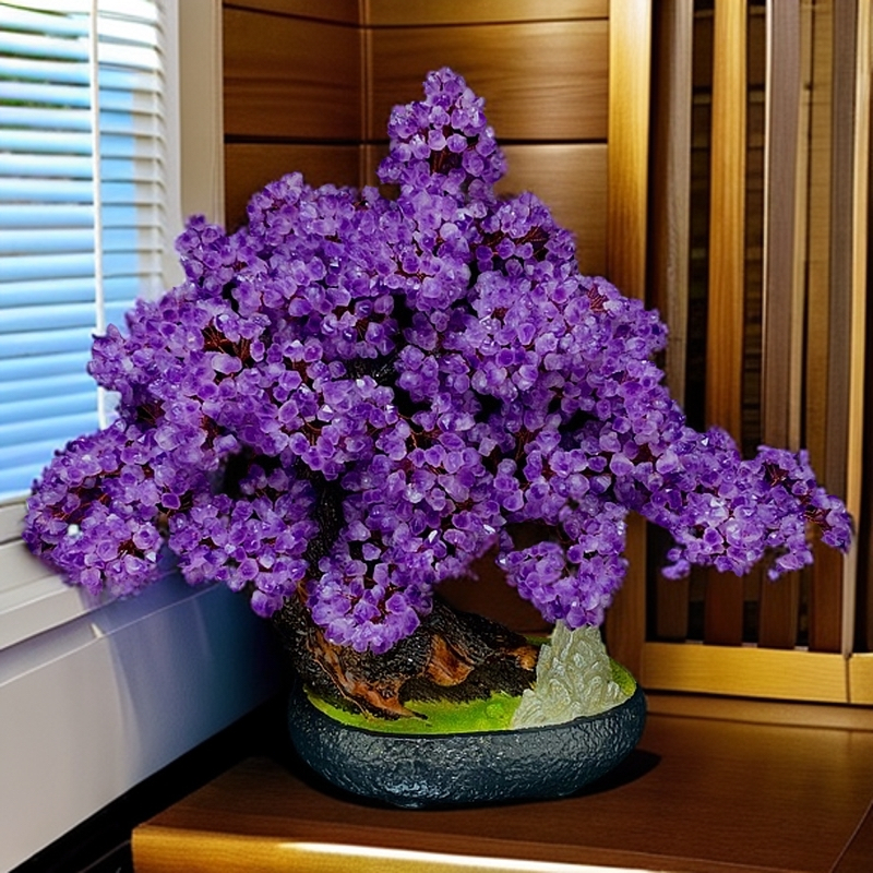 【轻奢高品】贵气迎人中式陶瓷发财树家具摆件紫水晶发财树桌面摆件