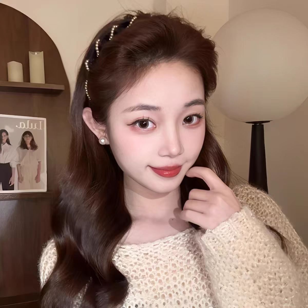 复古波浪珠珠发箍女秋冬洗脸防滑发捆时尚洋气高颅顶头箍发饰b