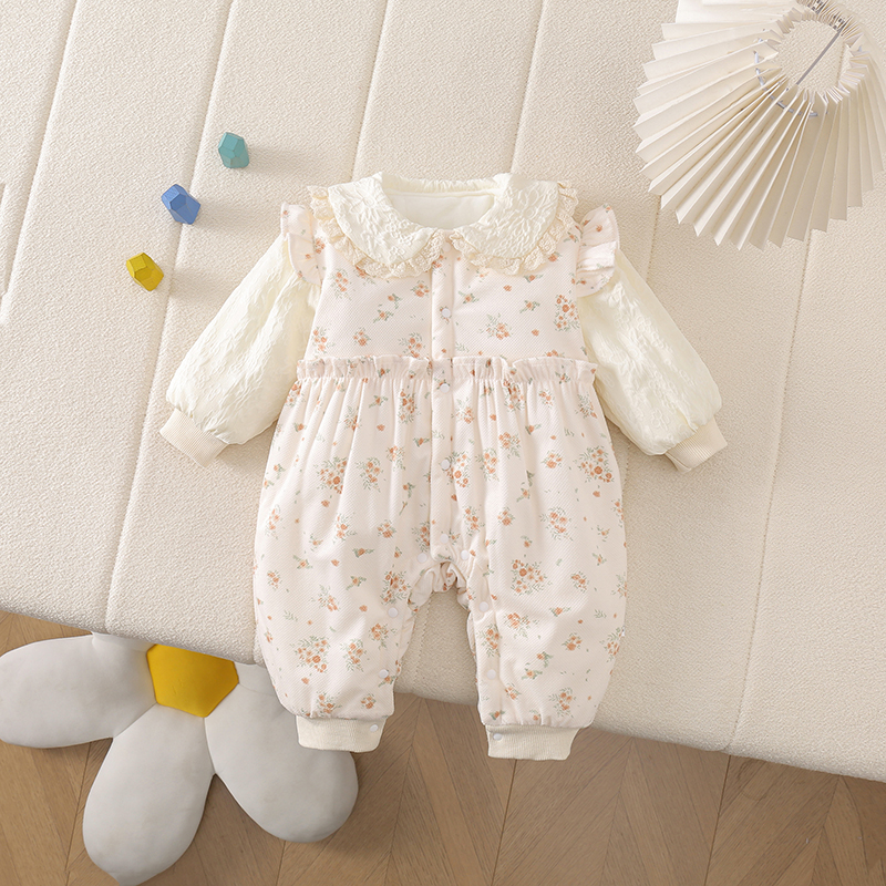 秋冬女可爱风爬服碎花圆领小花薄棉哈衣幼儿长袖女宝连体衣