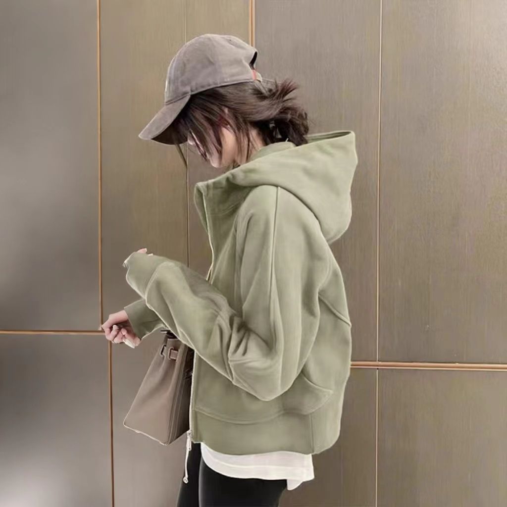 秋冬新款LULU纯色慵懒风小个子宽松拉链鱼骨连帽开衫女士卫衣外套