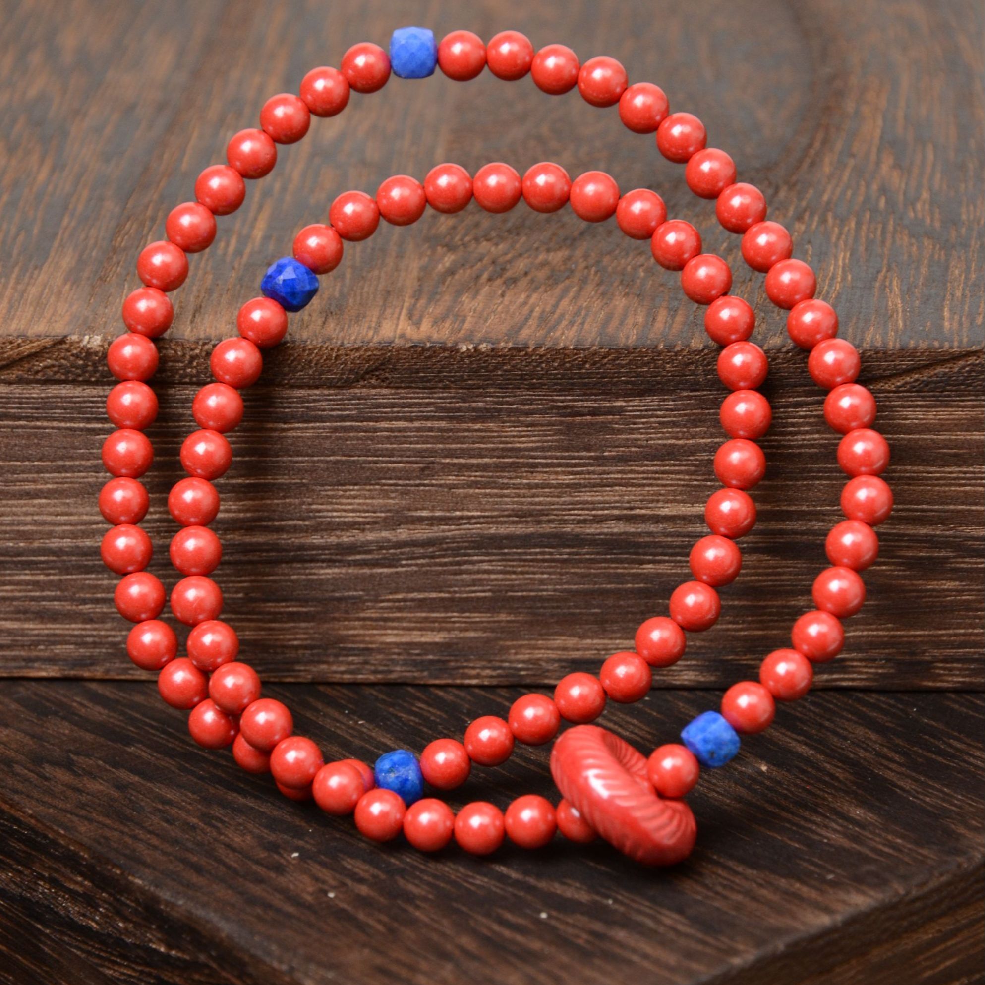 含辰砂工艺品【马到福来】高含量朱砂平安扣青石多圈手串