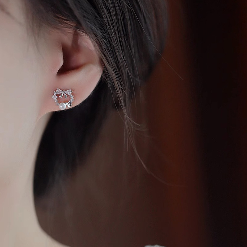 纯铜锆石耳饰 法式复古洋气蝴蝶结耳钉女高级感镶钻时尚珍珠耳饰
