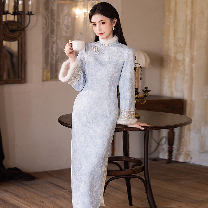 秋冬季旗袍新中式日常旗袍裙年轻款国风倒大袖加绒加厚保暖旗袍裙