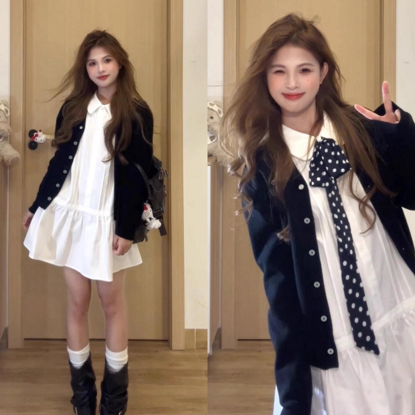 白色长袖衬衫连衣裙子女早冬季2025新款学院风小个子韩系穿搭套装