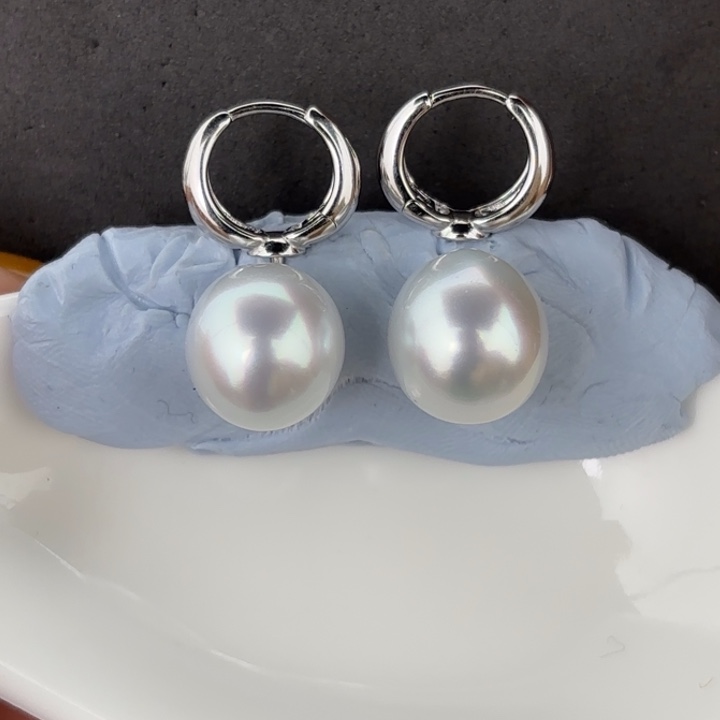定制海水珍珠银S925镶嵌耳饰11-12mm澳白裸珠两颗