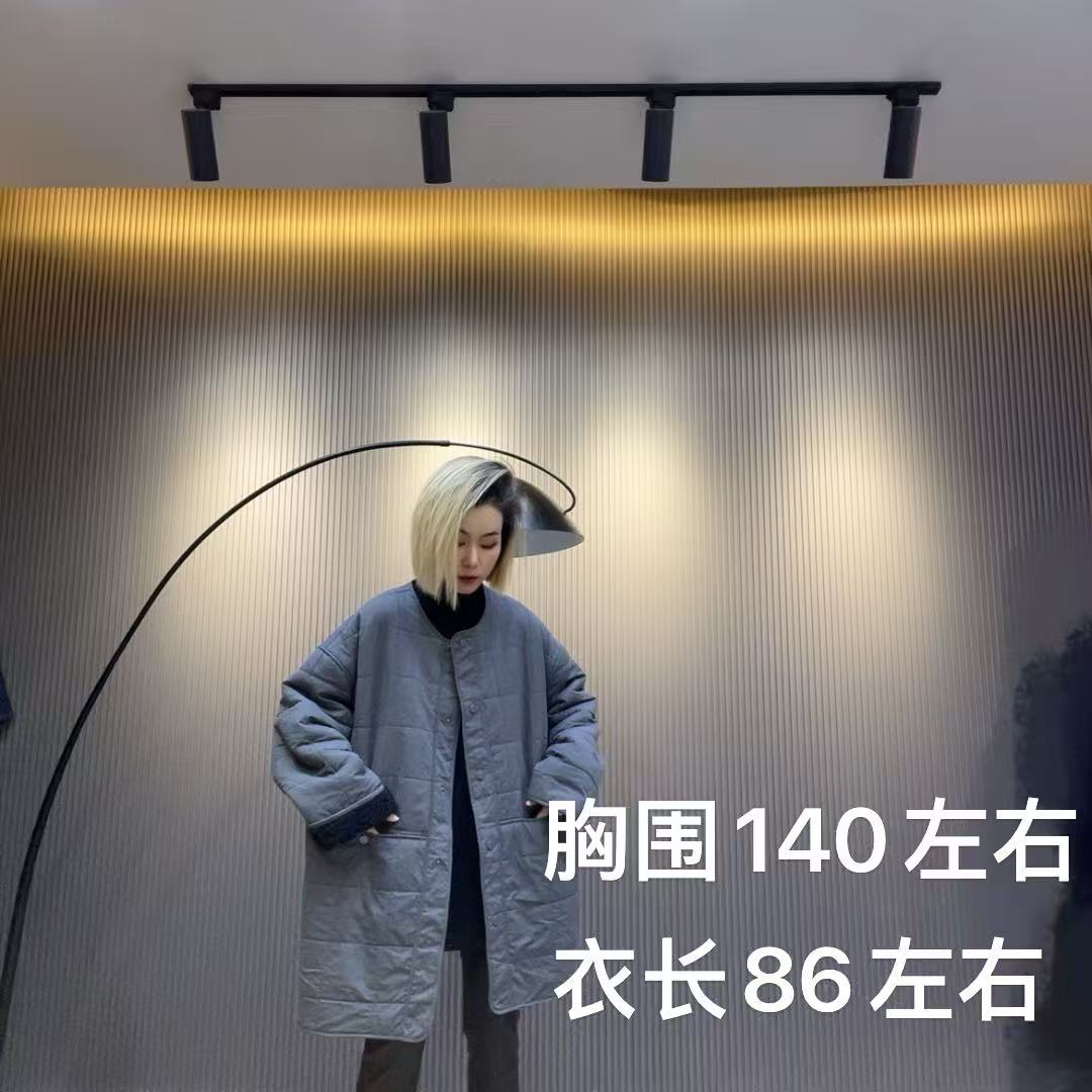 716#韩版洗水棉布行格加毛中长款棉服外套上衣