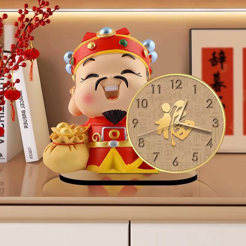 Q05喜庆财神爷摆件时钟玄关客厅桌面摆台钟表装饰品乔迁新居礼物