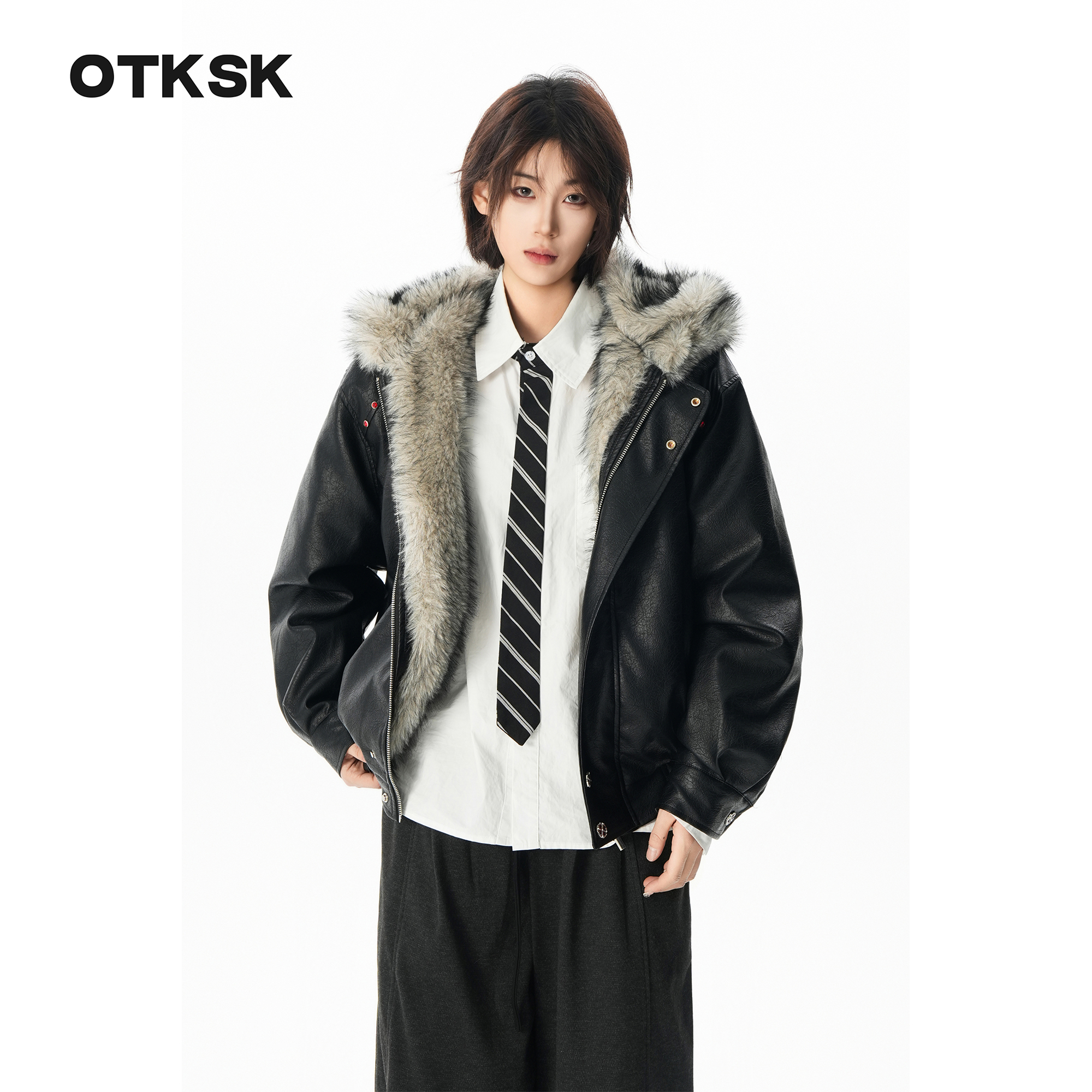 otksk美式红钻铆钉情侣连帽皮衣外套冬季加厚保暖高街棉衣HY8598