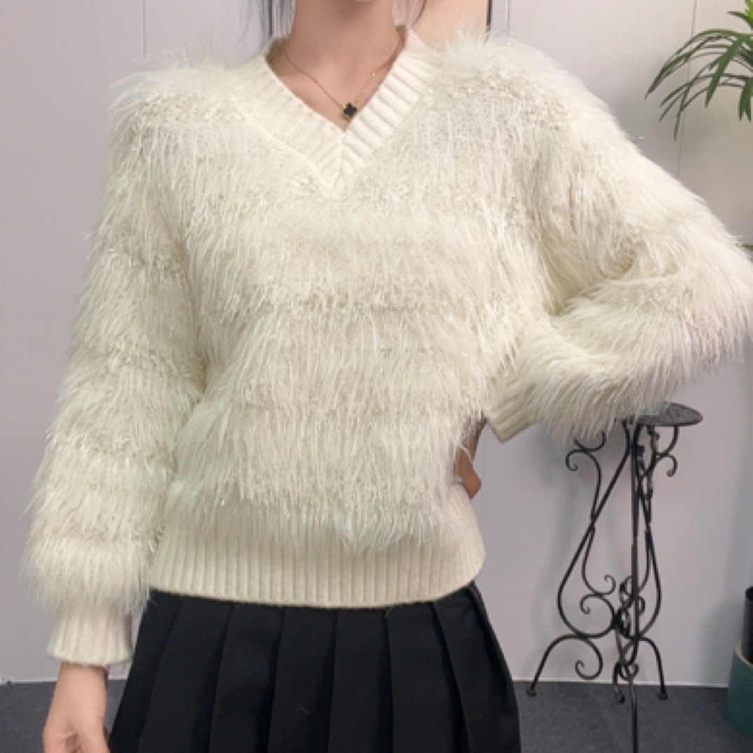 V领水貂绒毛衣女2025春秋新款宽松软糯毛茸茸慵懒风针织衫短上衣