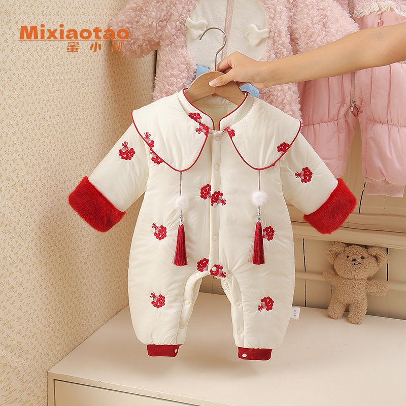 冬款刺绣花束新中式夹棉婴儿周岁连体衣哈衣宝宝婴儿衣服爬服外出