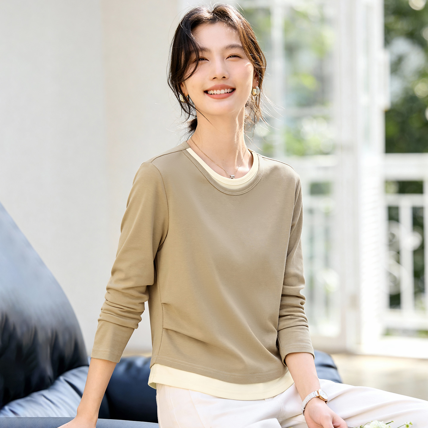 假两件圆领长袖T恤2026春季新款遮肉显瘦撞色拼接洋气百搭打底衫