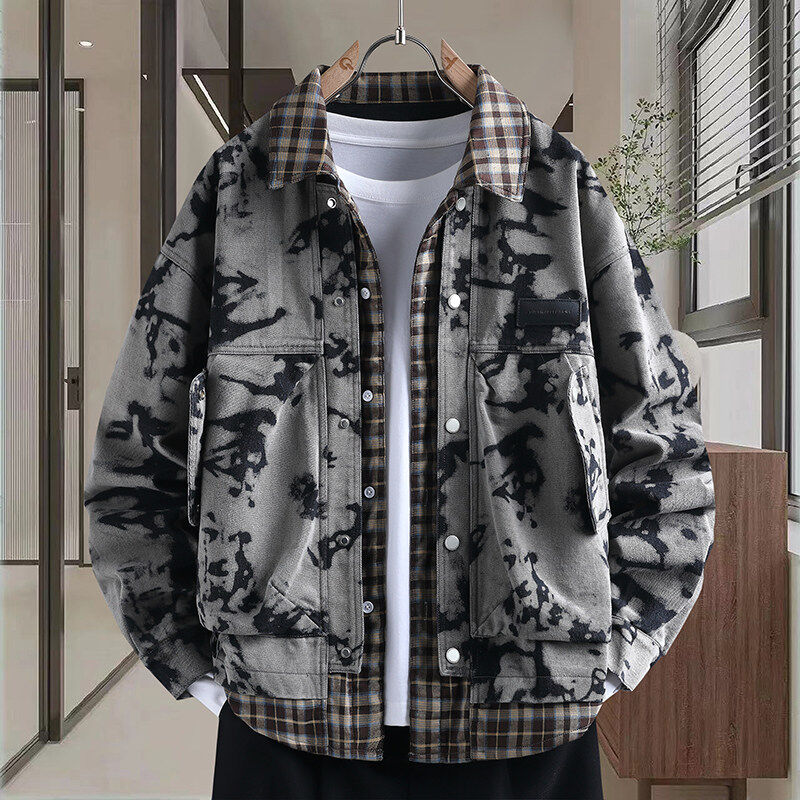 2025春季格子拼接假两件棉质牛仔夹克男士宽松港风休闲外套潮252