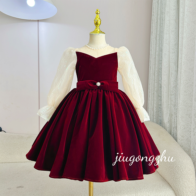 【红莓小礼】礼服女公主风公主B类礼服长袖酒红色冬季晚礼服公主裙