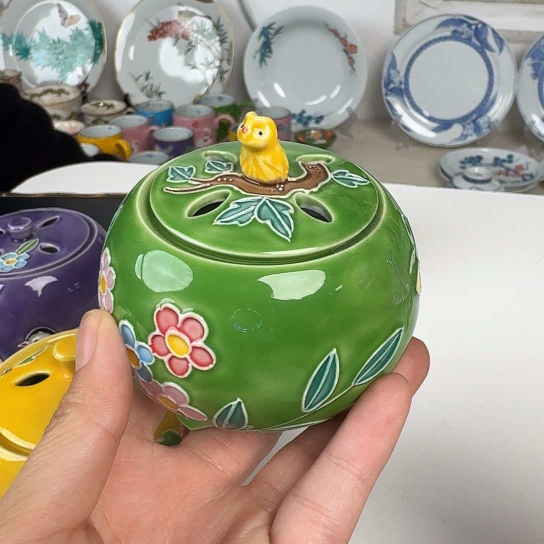 瓷片清水烧交趾釉猫头鹰香炉绿色