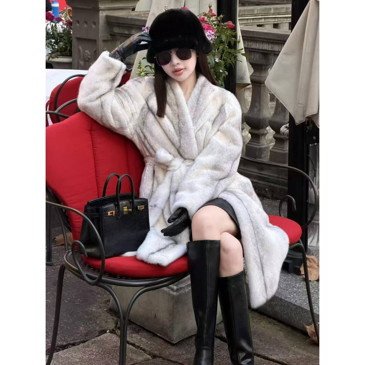 【刘熊熊专属】进口十字貂中长款过膝水貂外套V领年轻款