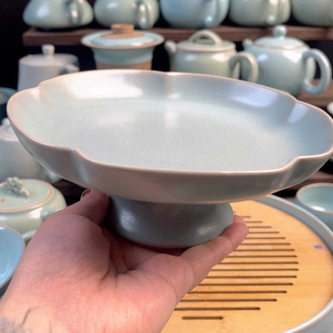 摆件陶瓷仿古釉高足果盘原矿