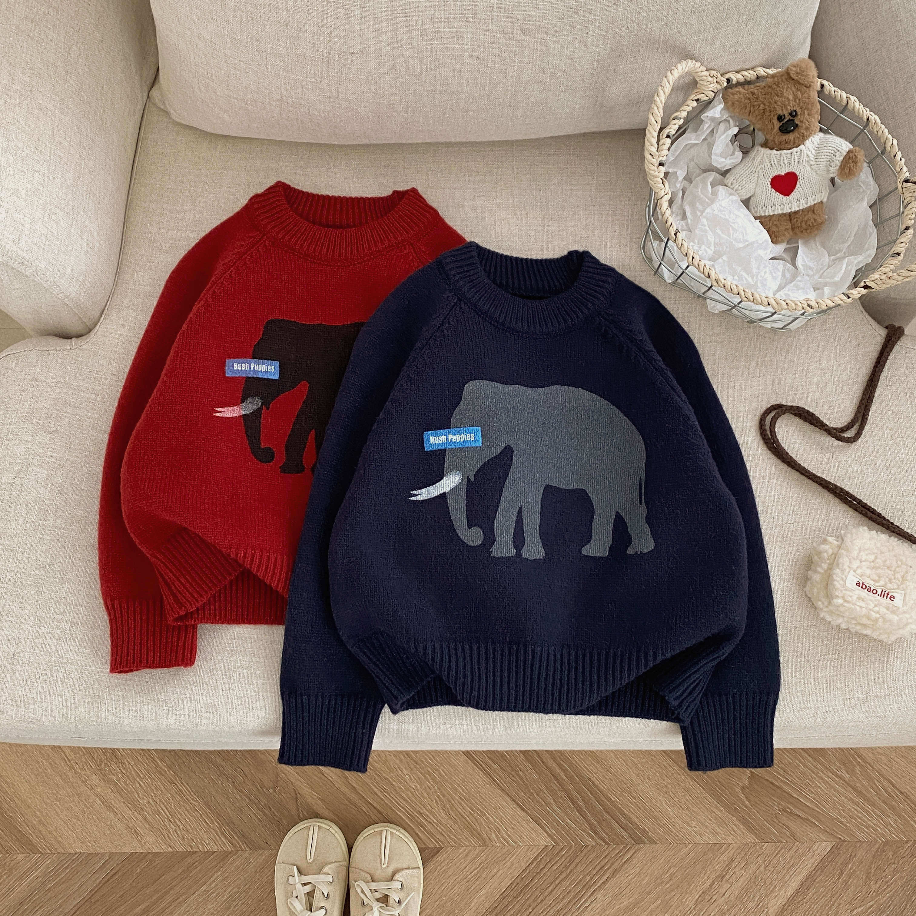 2025米秋冬1新款加厚套头毛衣男女童胸前大象印花时尚套头毛衣