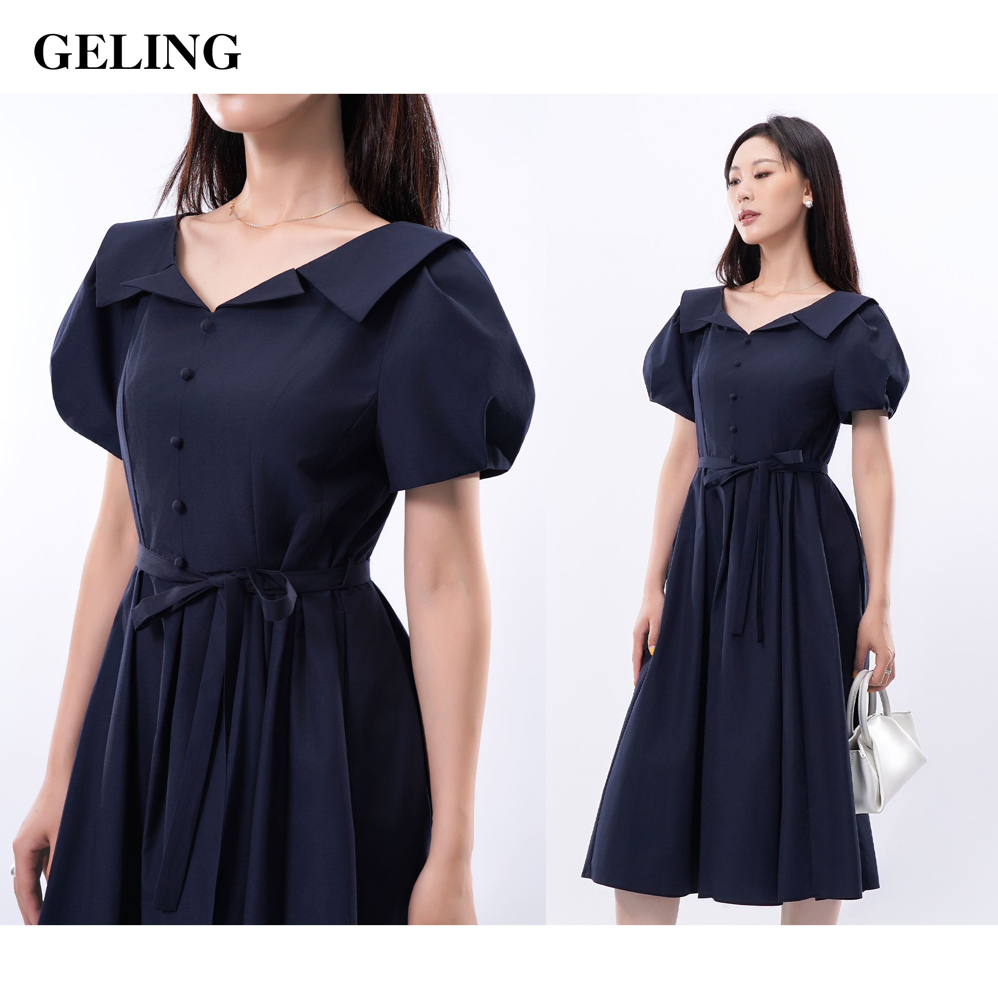 GELING/歌&玲夏季时尚气质优雅修身小众收腰小尖领裙G505Y394L