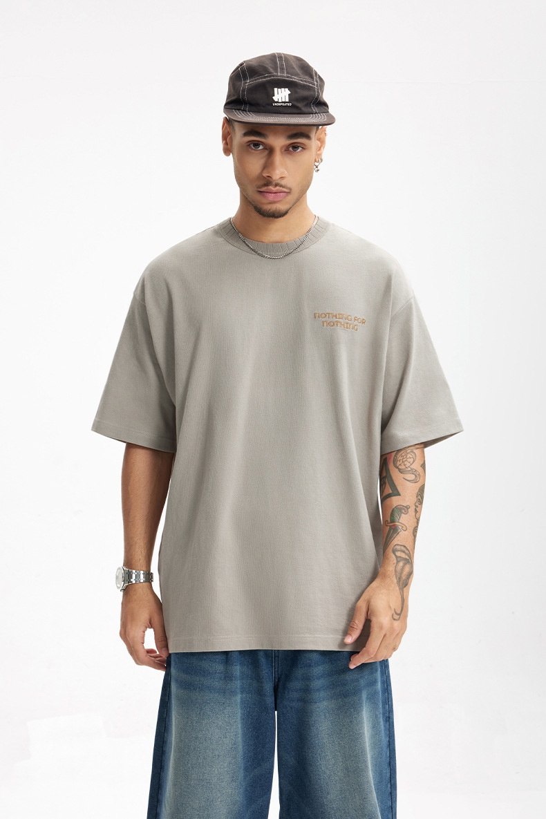 DaDa 美式390G定织螺纹领刺绣T恤2025春夏新品复古重磅粗坑短袖