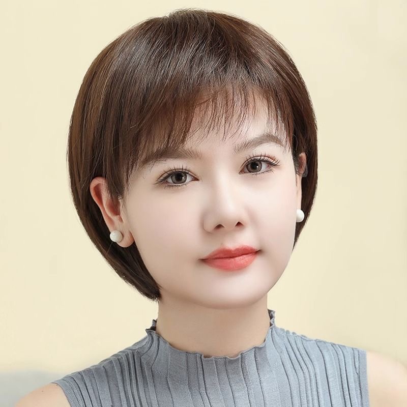 全真发自然棕短发头套网红款挂耳假发真人发丝短款减龄全真发假发