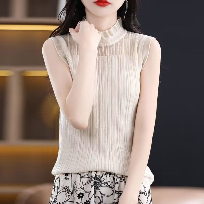 法式洋气无袖背心女半高领内搭西装白色上衣蕾丝羊毛衫针织打底衫
