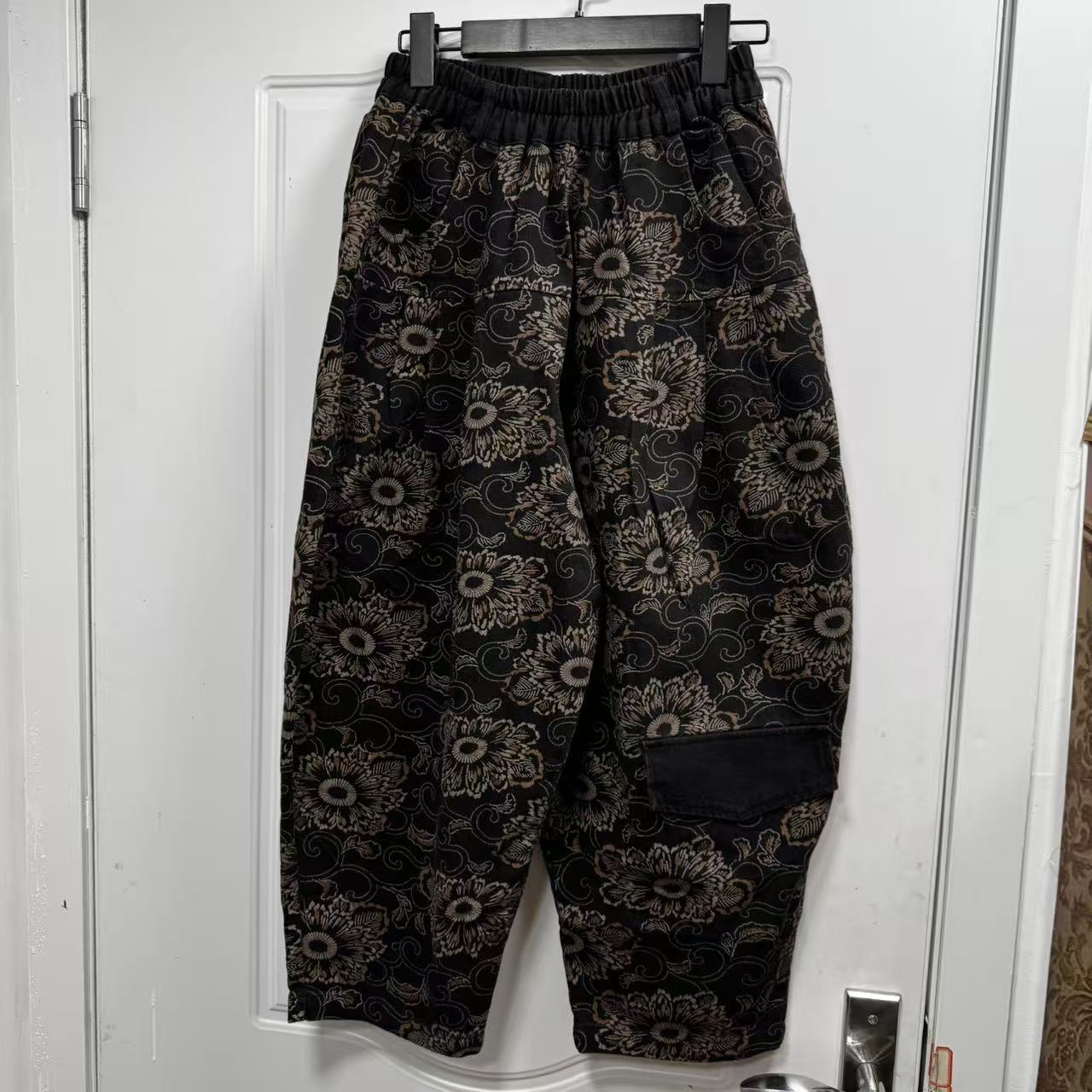  哈伦裤厚款春季微弹力牛仔裤提花松紧腰休闲裤长88腰围100-138