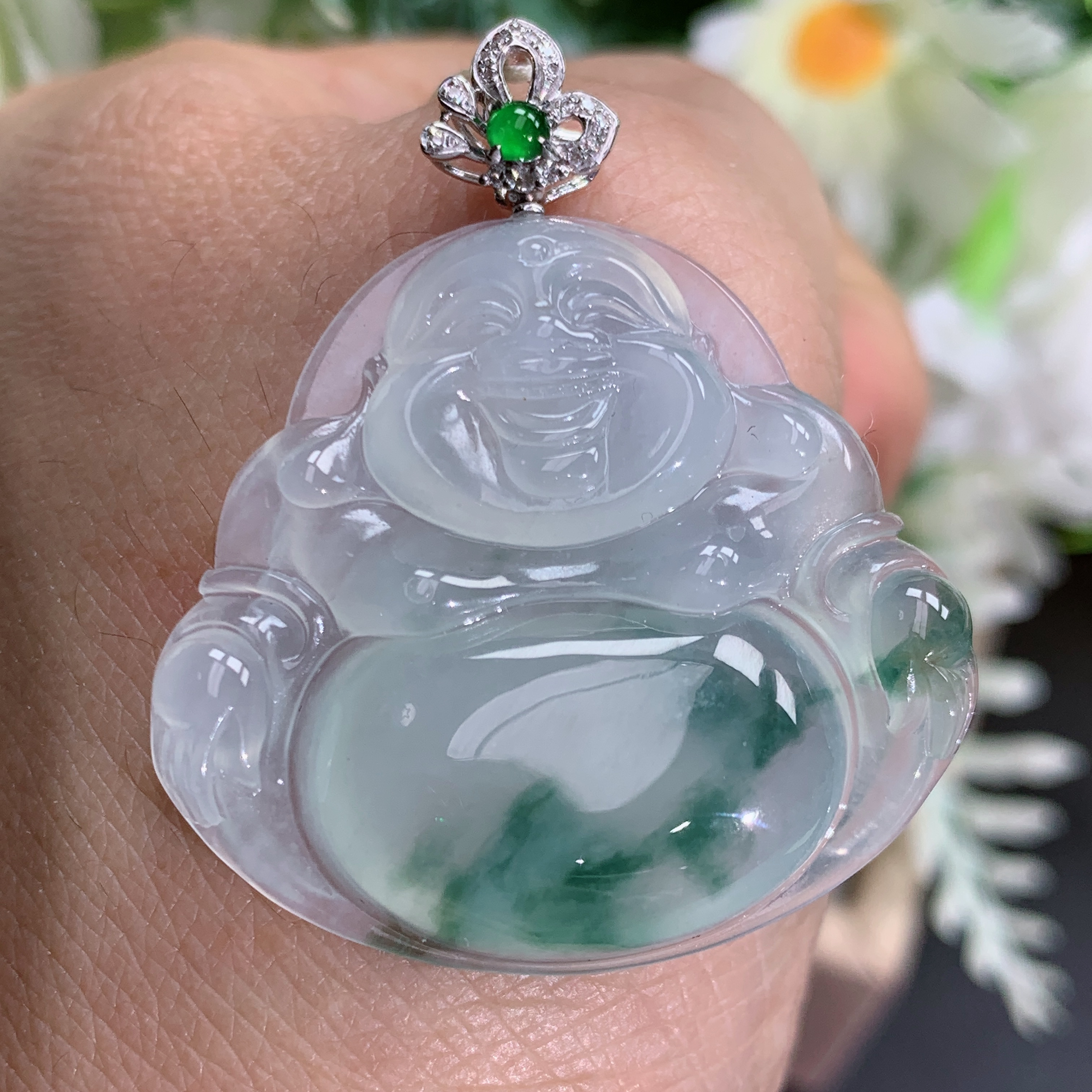 尺寸30.6×32.7×6缅甸天然翡翠A货18k金正冰胶飘蓝花佛公吊坠