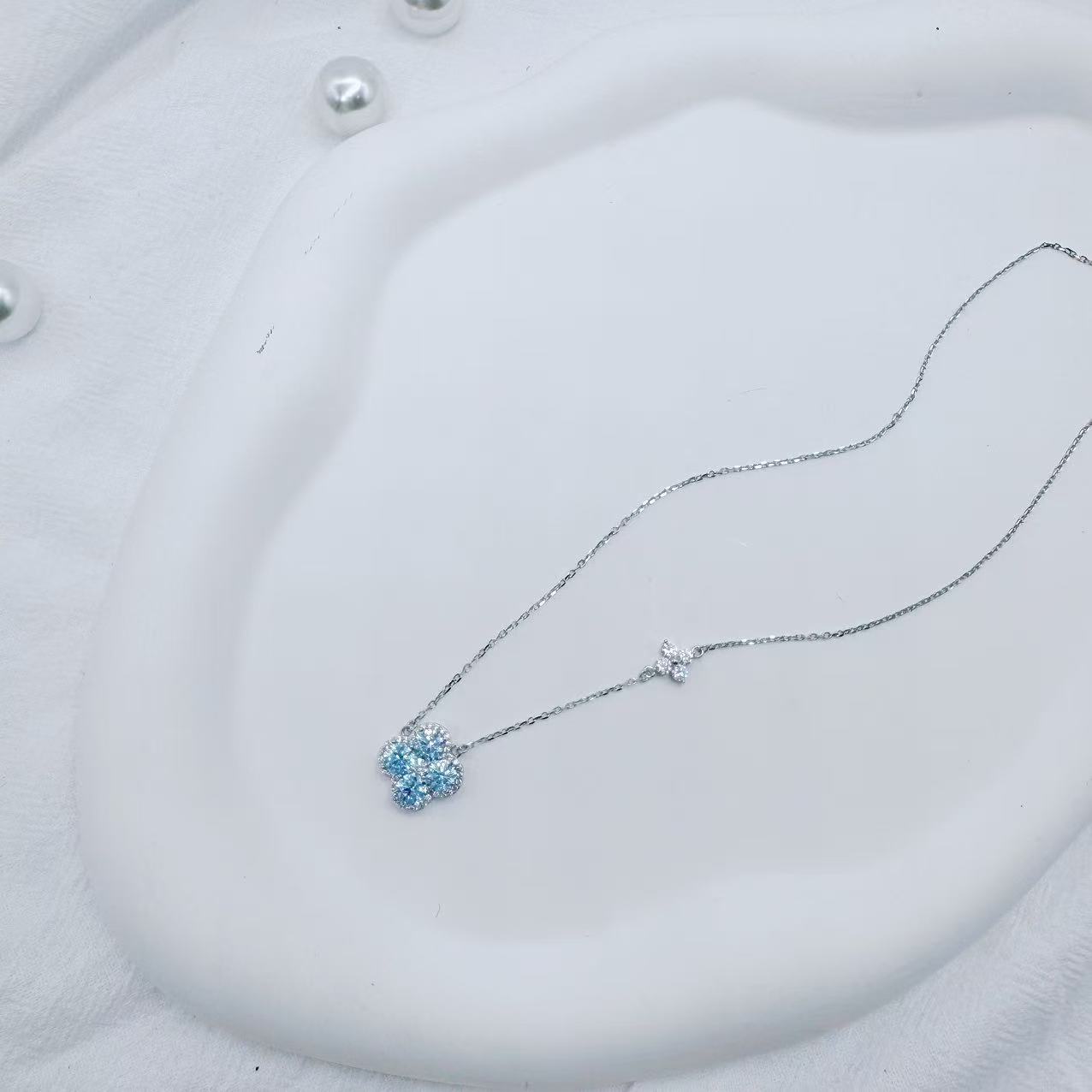 坠链均925银合成锆石 【俊杰专属】海蓝满钻四叶草锁骨 20-YW27T25