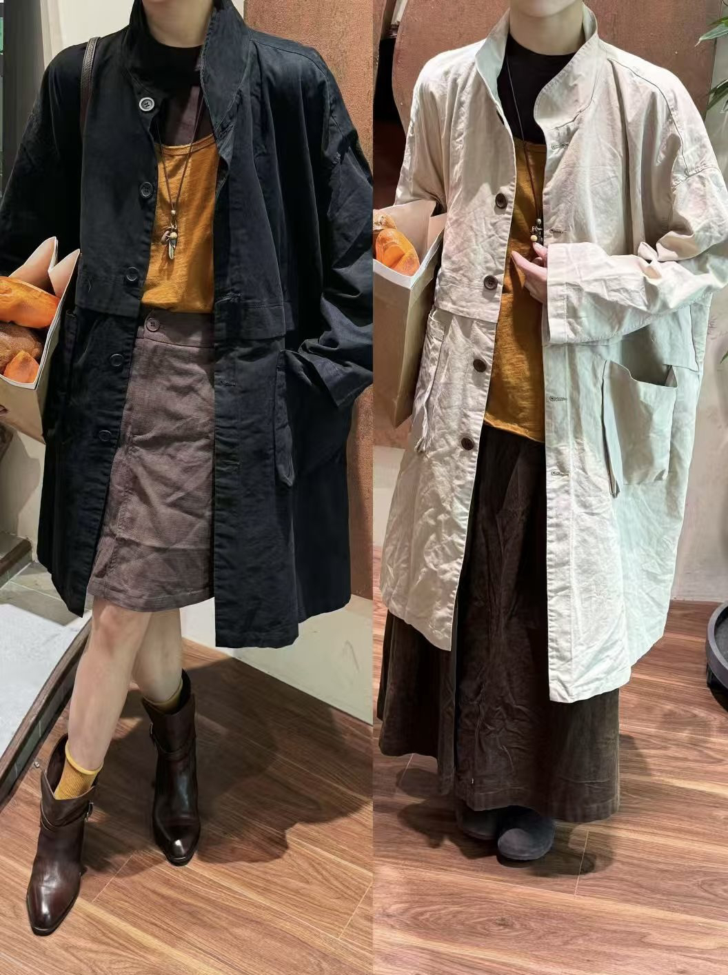 秋季百搭复古显瘦赫本风中长款插肩袖立领风衣外套
