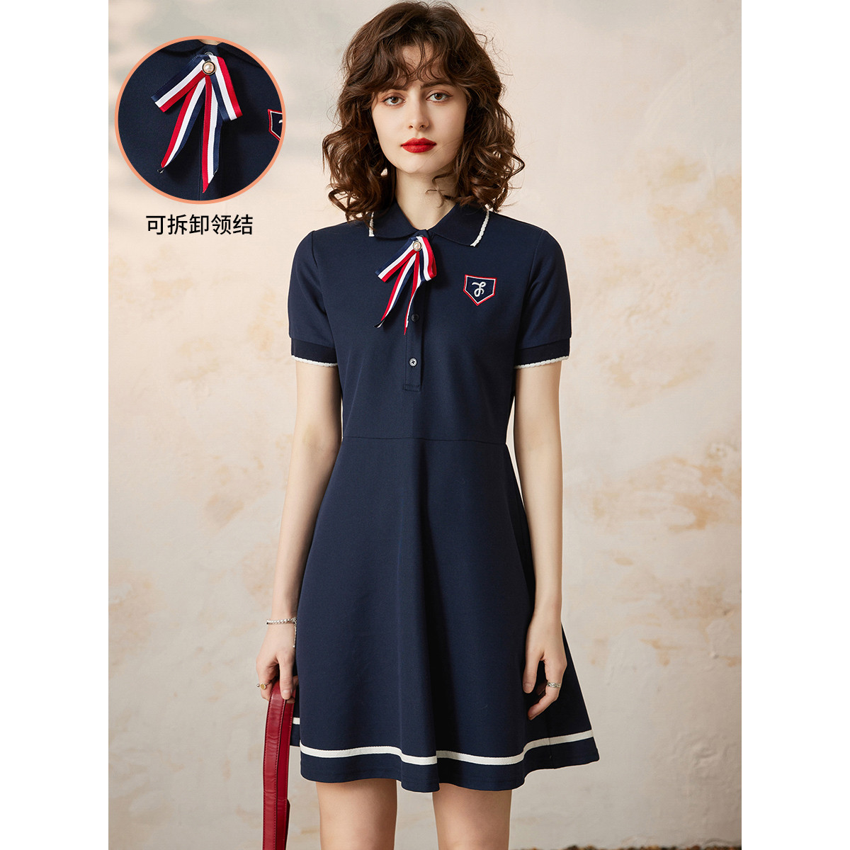 【芋总专属】&白鹿语夏时尚减龄撞色可拆卸领结短袖裙YU10176