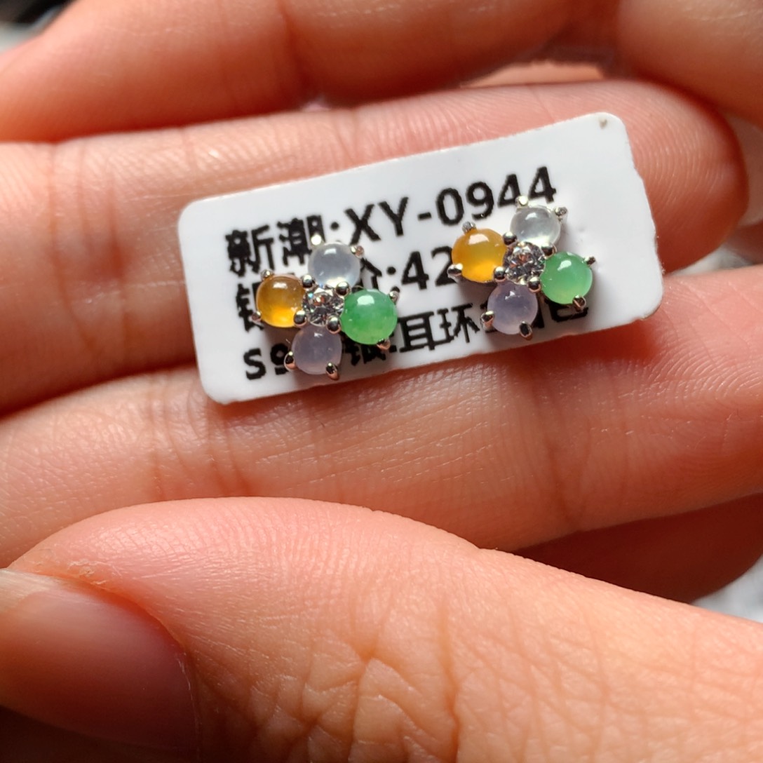 翡翠戒指银S925镶嵌天然翡翠耳饰