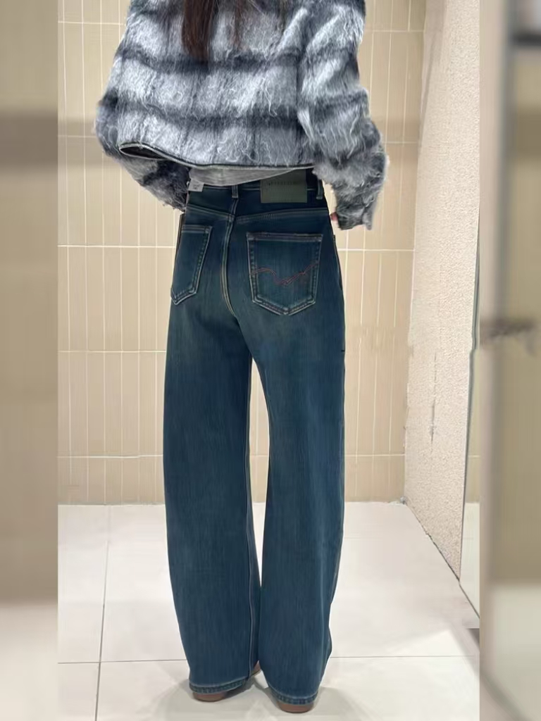 SU【100】代98 愫言 MWMA加绒直筒裤植绒一体绒高腰蓝色显瘦阔腿裤·