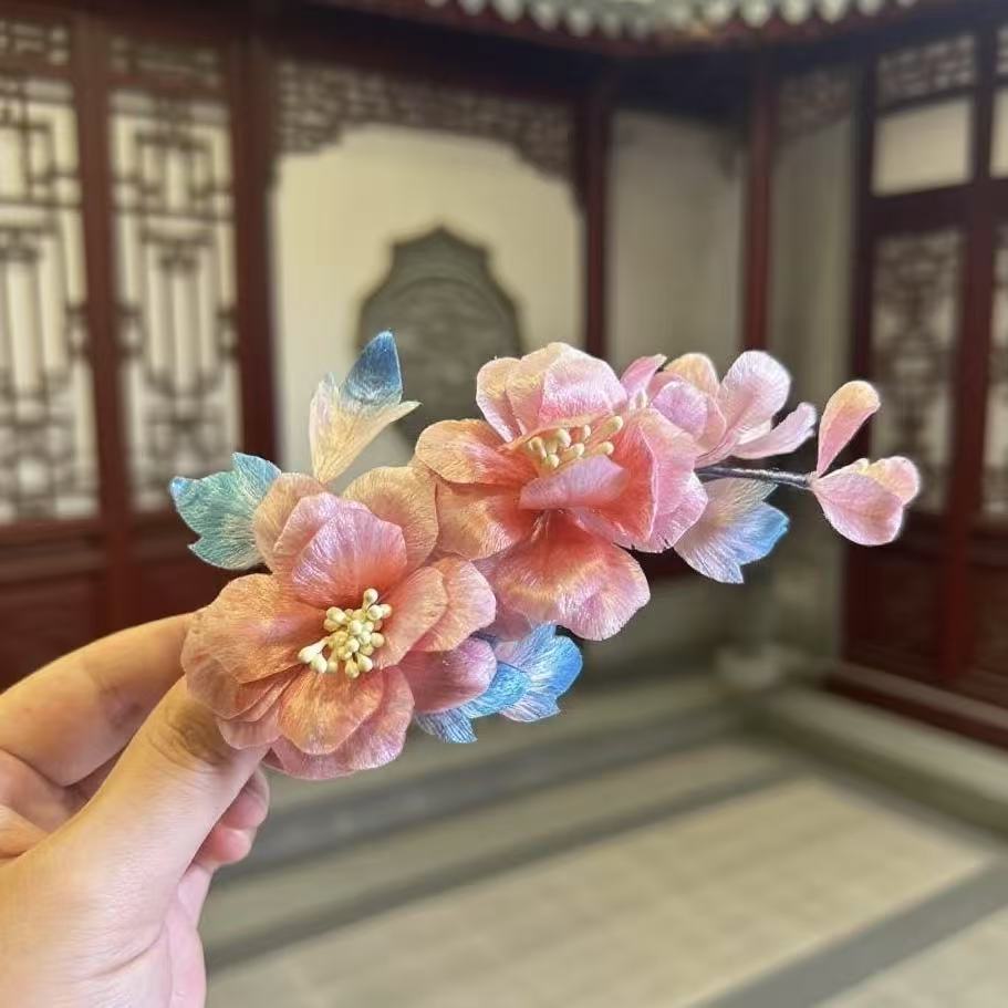 【云鬓花颜阁绒花软簪】 幽梦蓝纯手工非遗桑蚕丝绒花古风发饰C01