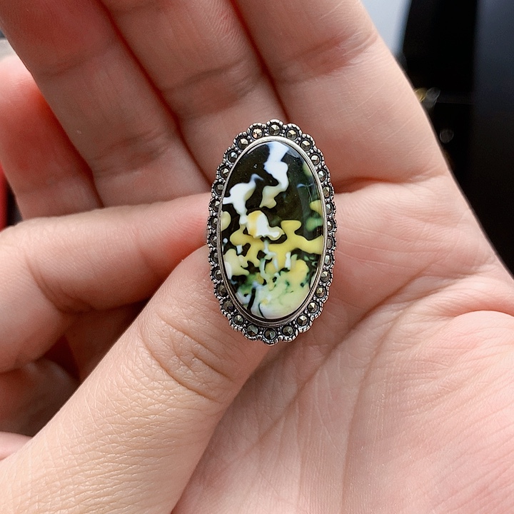 琥珀裸石银S925镶嵌戒指