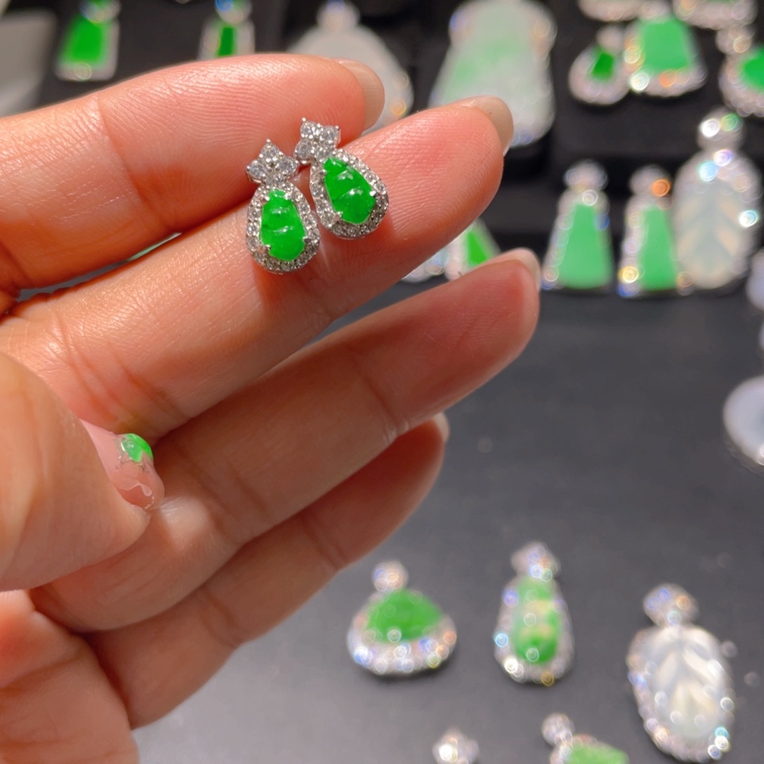 翡翠耳饰银S925镶嵌精品