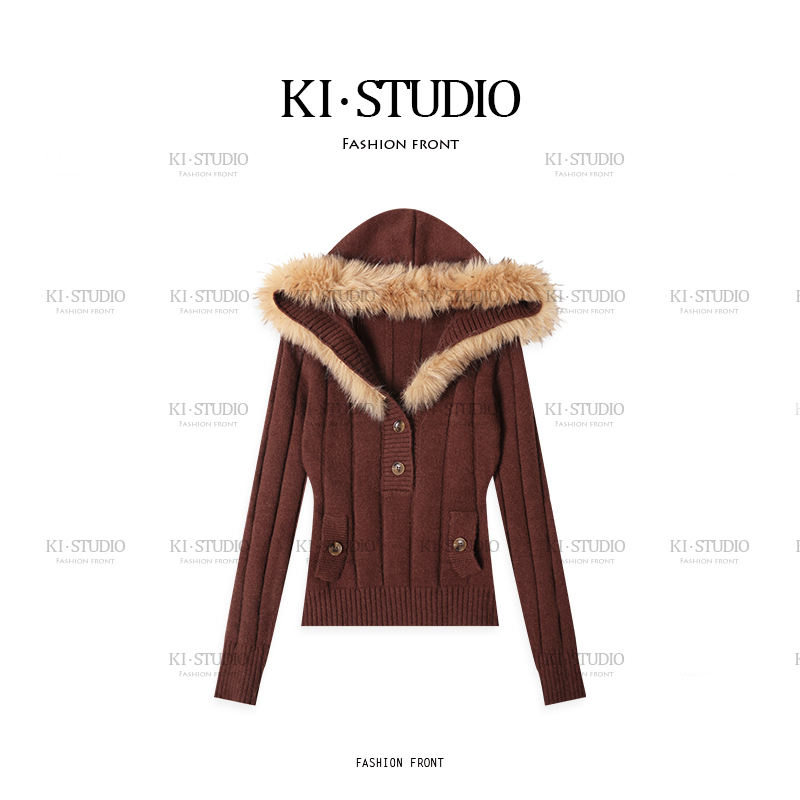 复古毛领毛衣外套女连帽针织衫修身显瘦美拉德上衣KI-11T00073