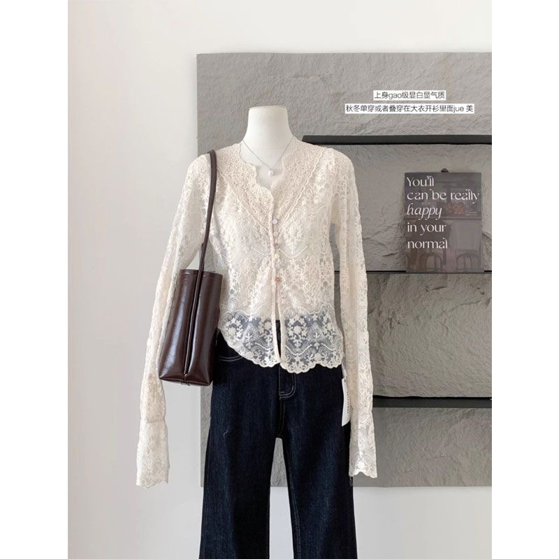 秋冬钩花镂空内搭打底衫女叠穿层次高级纯欲v领上衣