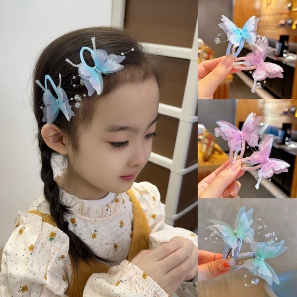 春款仙气渐变蝴蝶儿童对夹甜美网红编发做造型女童夹头饰发饰c