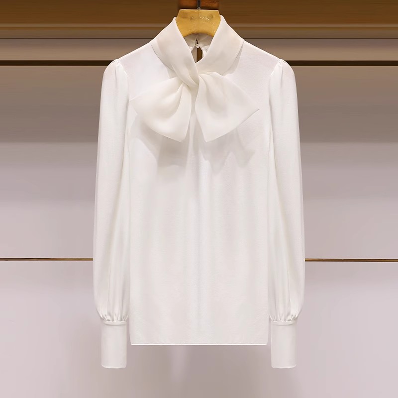 温柔韩系上衣2025秋季新款名媛蝴蝶结衬衫设计感高级气质白色衬衣
